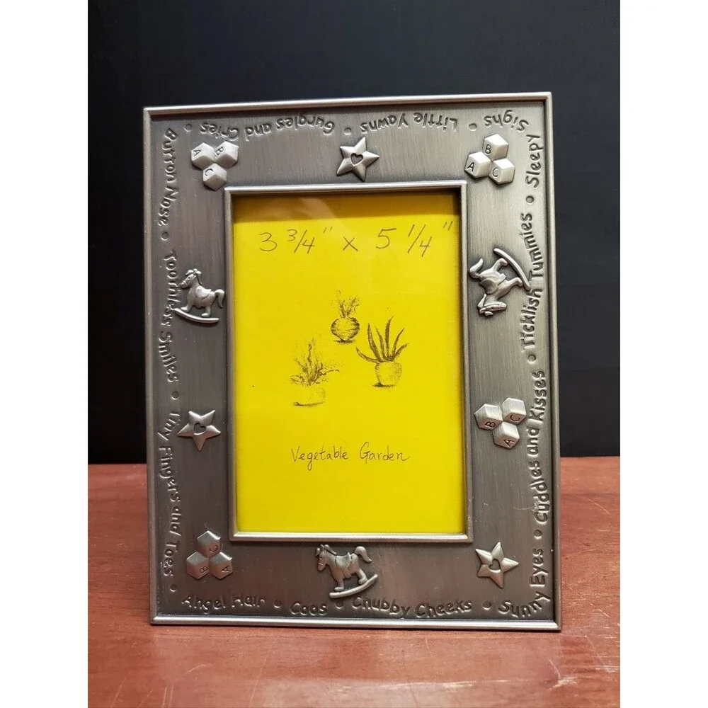 Vintage Baby Themed Picture Frame in Brushed Metal Finish Embossed Baby's Room